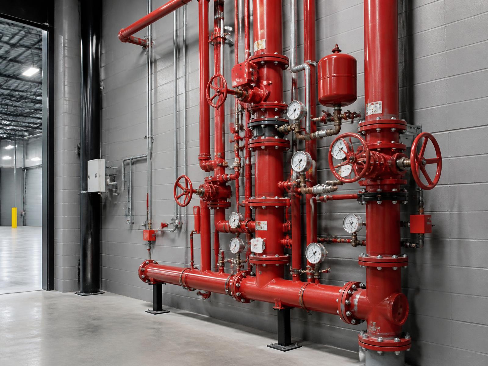 Commercial fire sprinkler riser and valve assembly in a warehouse mechanical room